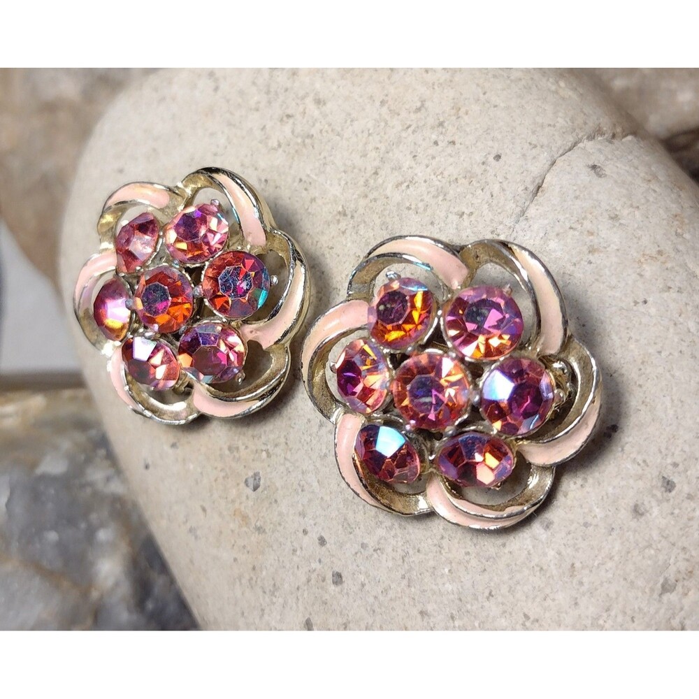 Vintage Aurora Borealis Rhinestone Enamel Clip On Earrings